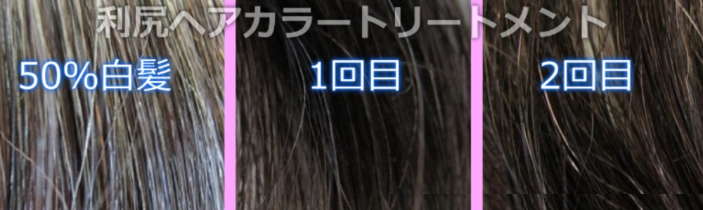 白髪50%の毛束を利尻カラートリートメントで1回目と2回目に染めた変化