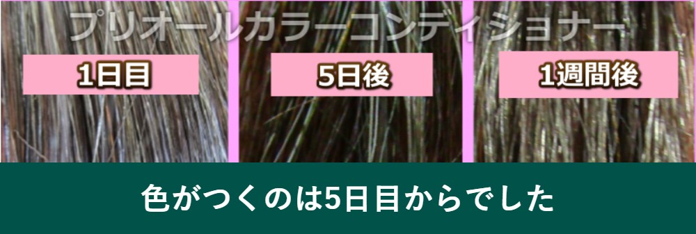 プリオールカラーコンディショナーの1日目・5日後・1週間後の毛束(シララボ実測)