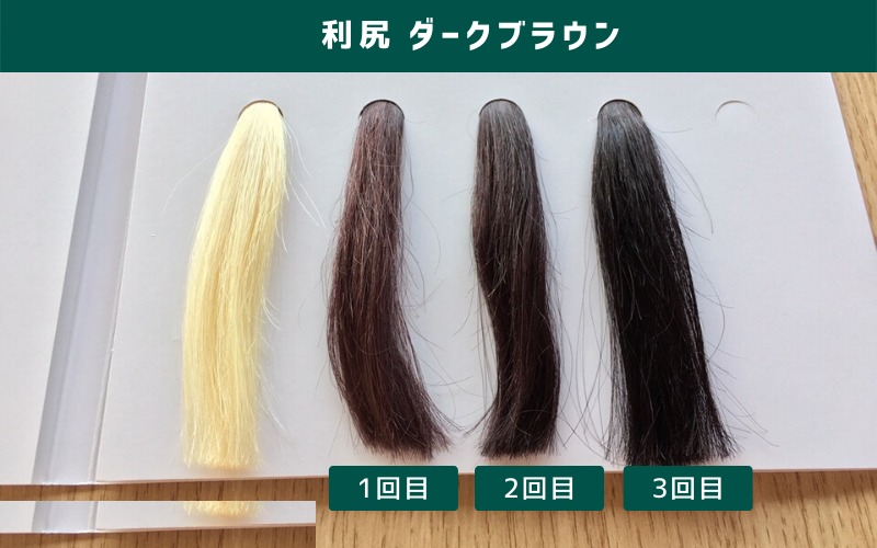 利尻ヘアカラートリートメント ダークブラウンを白髪の毛束に1〜3回使った結果