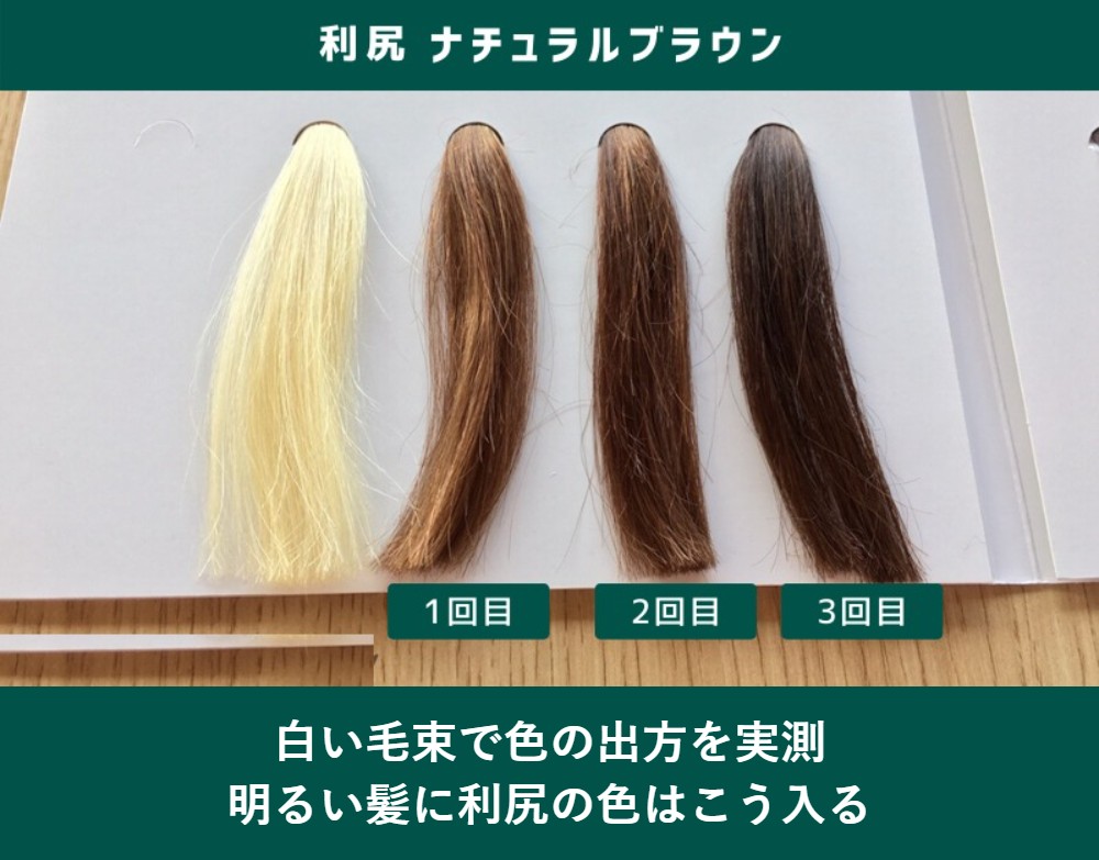 白い毛束で利尻カラートリートメントの色の出方を実測